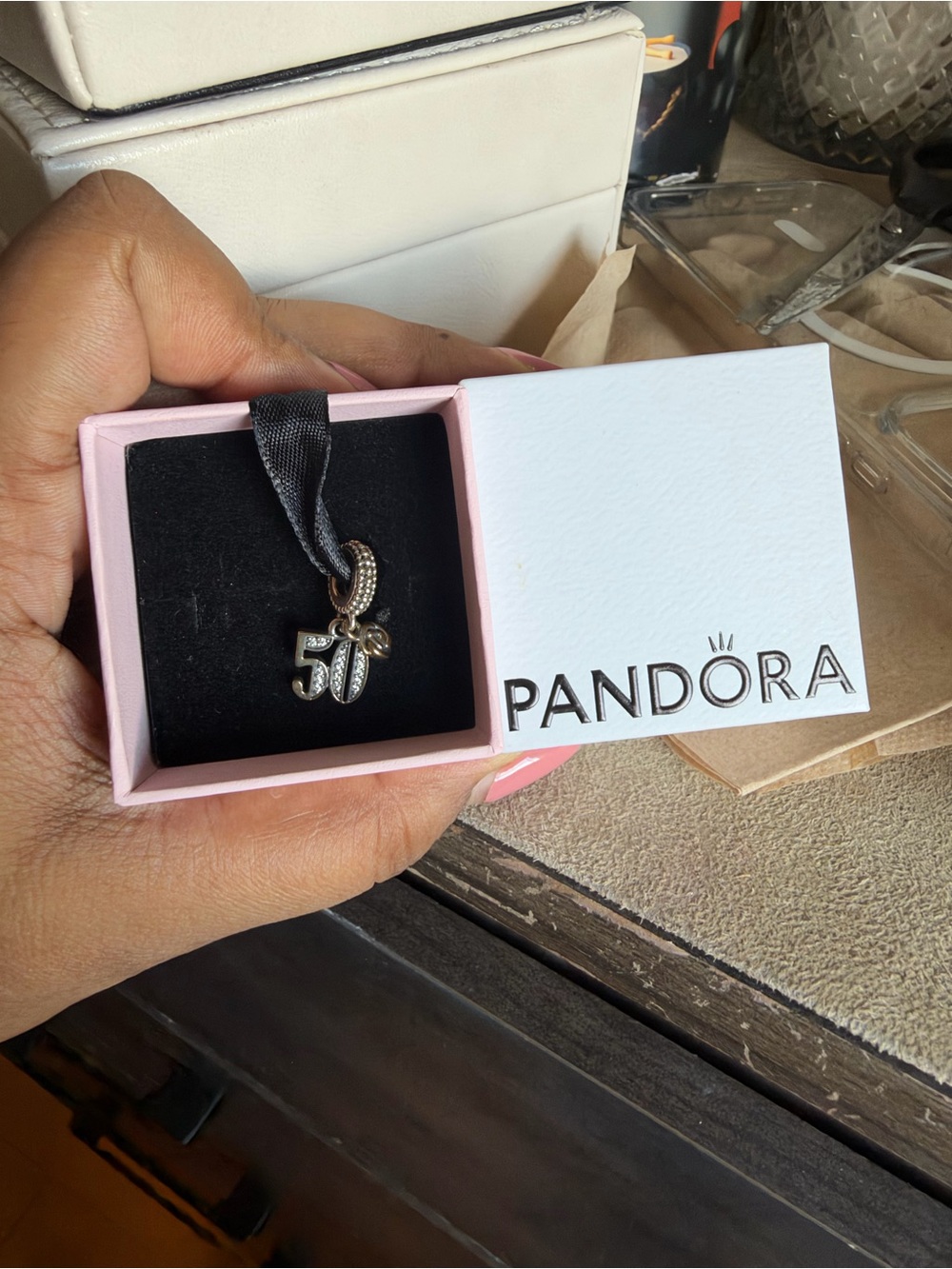 Pandora Silver '50' Charm Pendant with Pink Box